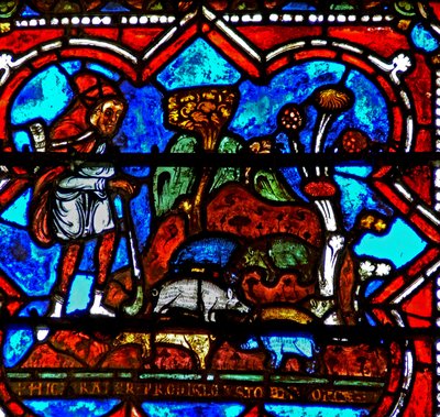 Raam w17 met een scène uit het verhaal van de Verloren Zoon: hij vindt werk bij de varkens door French School