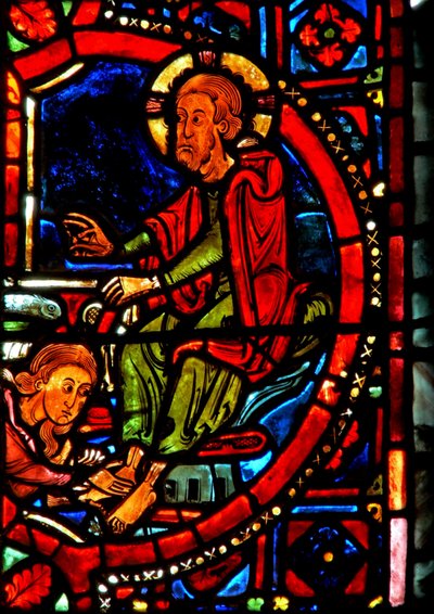 Raam w17 met een scène uit het leven van St. Maria Magdalena - de heilige wast de voeten van Christus door French School