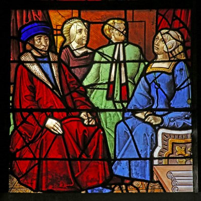 Raam w17 met het leven van St. Remi. 2 mannen en 2 vrouwen zittend door French School