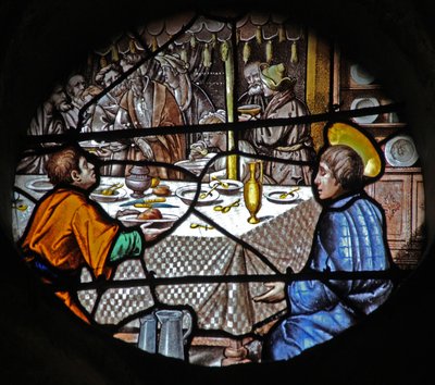 Raam w18 met afbeelding van een scène uit het leven van St. Yves door French School