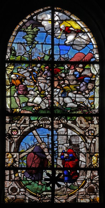Raam w18 met de Bekering van St. Paul: Quo Vadis: St. Peter ontmoet Christus buiten Rome door French School