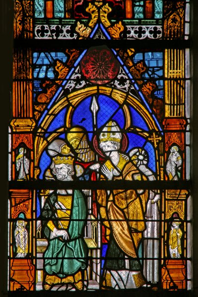 Raam w19 met afbeelding van St. Thomas Becket en Hendrik II die het oneens zijn door French School