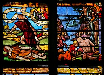 Raam w1 met Kaïn die Abel doodt; Ark van Noach door French School