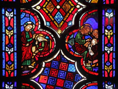Raam w1 met Jezus met Martha en Maria Magdalena door French School
