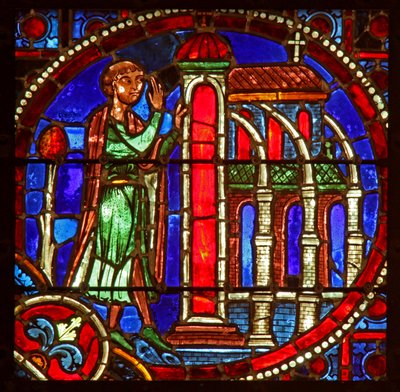 Ruit w1 met een scène uit het verhaal van Theophilus: hij betreedt een kerk om boete te doen door French School