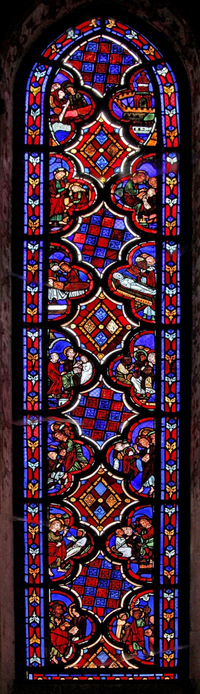 Raam w1 met een scène uit het leven van St. Maria Magdalena met scènes uit het verhaal van Maria en Martha door French School