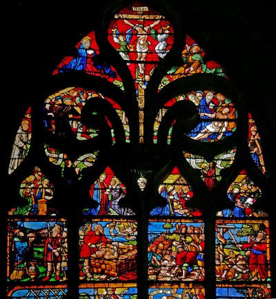 Raam w1 met de kruisiging met Maria en Johannes, de Via Crucis, de kruisafneming door French School