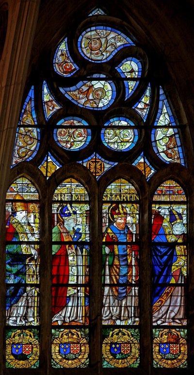 Raam w201 met Sint Marceau(?), Sint Remi, Sint Martinus en Sint Denis door French School