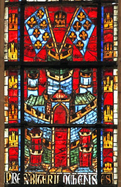 Raam met een kasteel en vlaggen met fleur-de-lis door French School