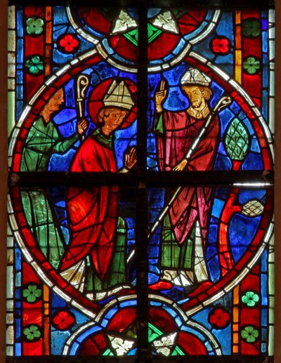 Raam w209 met St. Nicolaas wordt bisschop van Myra door French School
