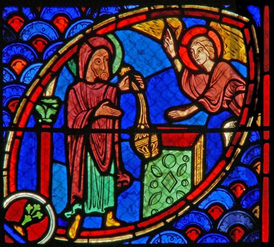 Raam w20 met Zacharias, de vader van St. Johannes de Doper, wordt bezocht door een engel in de Tempel door French School