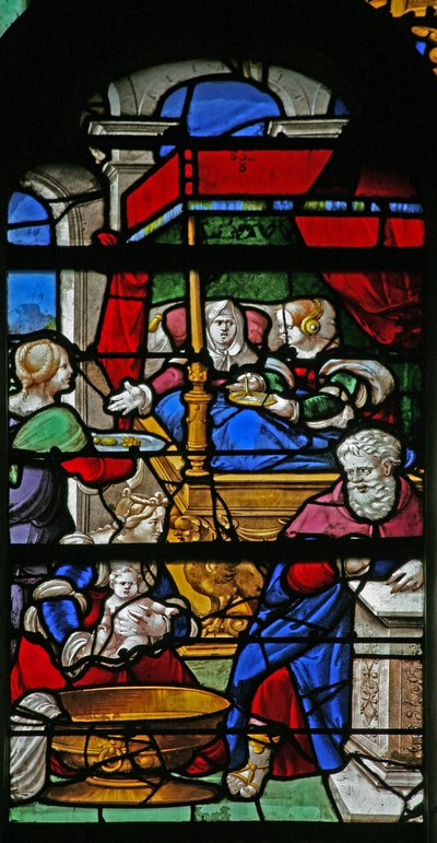 Raam w20 met een scène uit het leven van de Maagd Maria: haar geboorte door French School