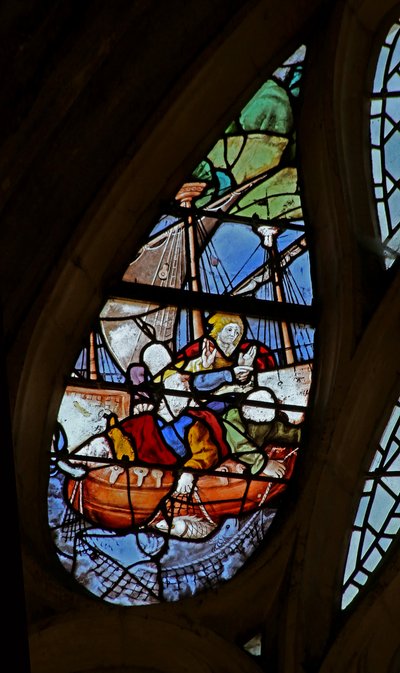 Ramen w21 met Christus die St. Petrus laat lopen op water (detail) door French School