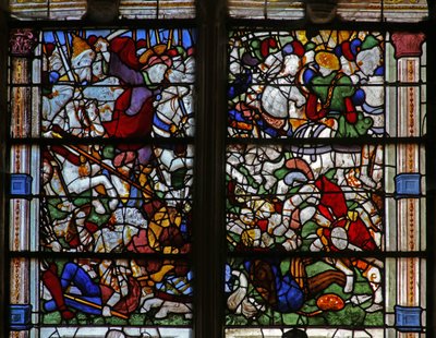 Raam w21 met St. Jacobus verschijnt bij de Slag van Clavijo door French School