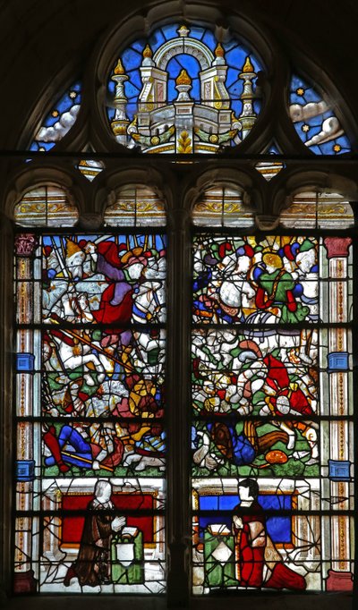 Raam w21 met St. Jacobus verschijnt bij de Slag van Clavijo door French School