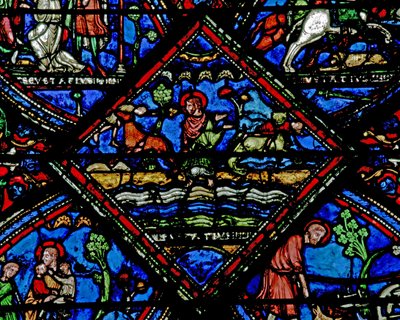 Raam w21 met een scène uit het leven van St. Eustache: zijn kinderen worden meegenomen door wilde dieren door French School
