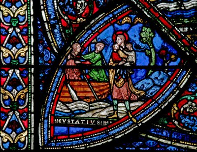 Raam w21 met een scène uit het leven van St. Eustache: de schipper neemt zijn vrouw door French School