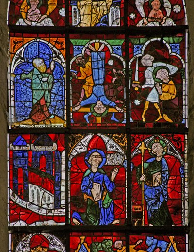 Raam w221 met Quo Vadis; martelaarschap van St. Paulus, kruisiging van St. Peter; een profeet door French School