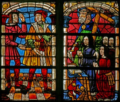 Raam w232 met een scène uit het verhaal van de Verloren Zoon: de woede van de oudere broer; vrouw, dochters, St. Simon van de schenker door French School