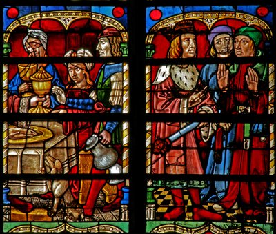 Het feest van Belsazar en hij vraagt de priesters de betekenis van het schrift aan de muur door French School
