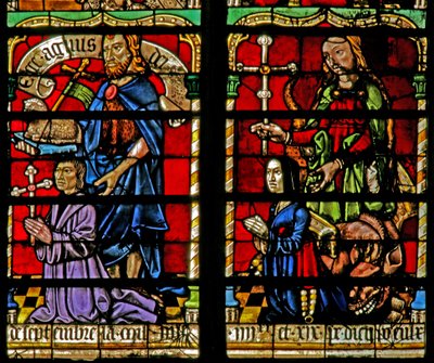 Een schenker - Jean Corart en vrouw met St. Johannes de Doper en St. Catharina door French School