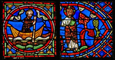 Raam w23 met St. Julian Hospitalier die elke nacht Christus aan de andere kant van de rivier ontmoet door French School