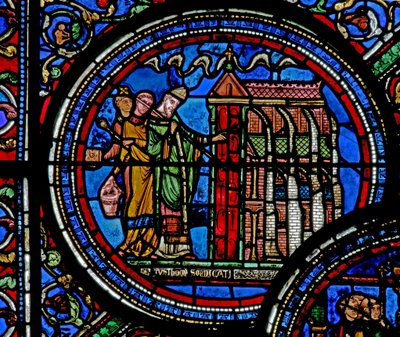 Raam w23 met St. Thomas Becket die een kerk consacreert door French School