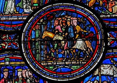 Raam w23 met St. Thomas Becket op weg naar Canterbury door French School