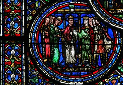 Raam w23 met St. Thomas Becket met Hendrik II en Lodewijk VII door French School