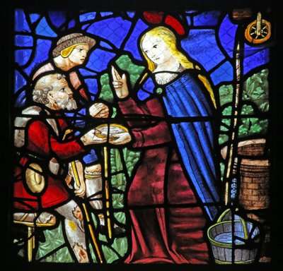 Raam w24 met St. Genevieve geeft een melaatse te drinken door French School