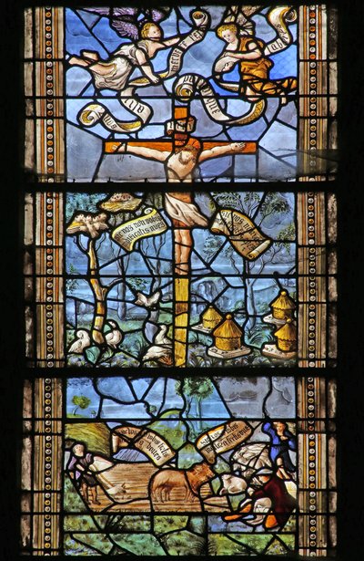 Raam w26 met Christus aan het kruis omringd door door Vergilius geïnspireerde landelijke taferelen. Raam geschonken door Thomas Mangin door French School