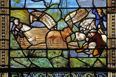 Raam w26 met door Vergilius geïnspireerde landelijke taferelen onder Christus aan het kruis door French School