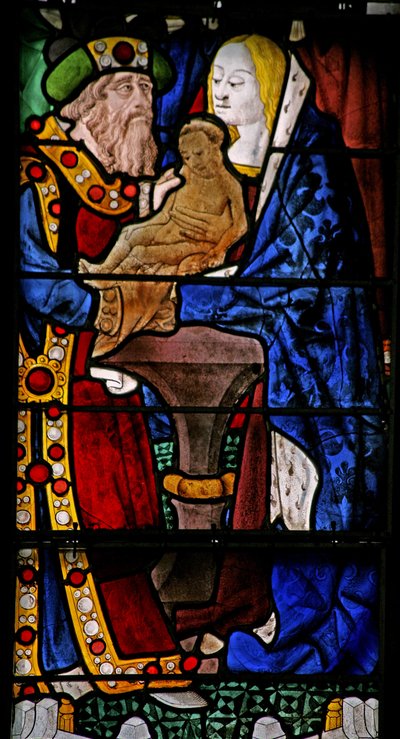 Raam w2 met de Kindertijd van Christus: in de Tempel met Simeon door French School
