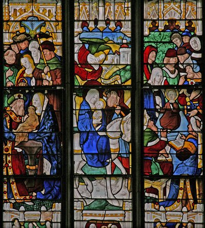Raam w2 met de Vlucht naar Egypte, In de Tempel met Simeon, Christus met de Dokters in de Tempel door French School