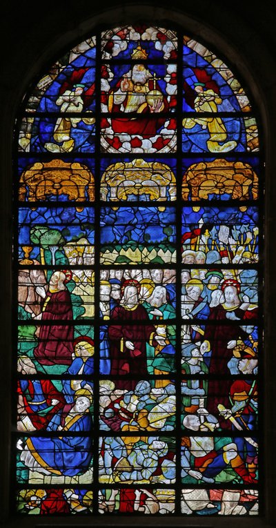 Raam w31 met Passiescènes: Gethsemane en de Opstanding door French School
