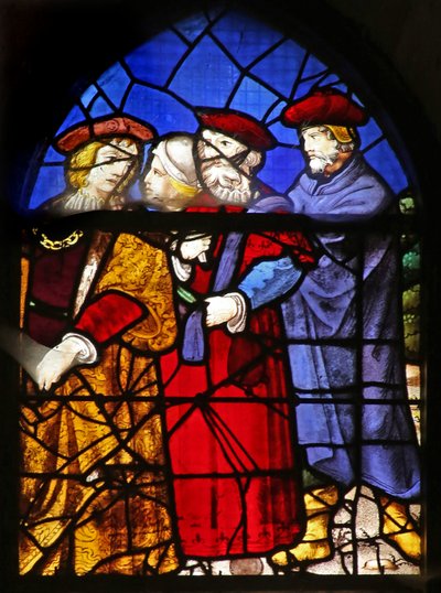 Raam w38 met omstanders bij de opwekking van Lazarus door French School