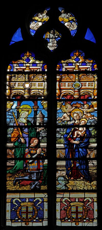 Raam w3 met afbeelding van St. Barbara en de schenker Jean de Montmorency door French School