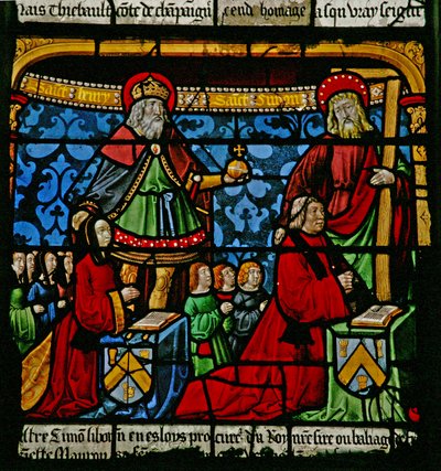 Raam w3 met schenkers - Henriette de Mauroy en Simon Liboron met hun kinderen en patroonheiligen St. Hendrik en Simon van Cyrene door French School
