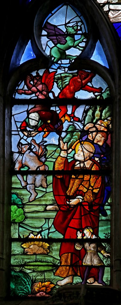 Raam w4 met St. Petrus met Simon Magus terwijl hij valt na te hebben geprobeerd te vliegen door French School