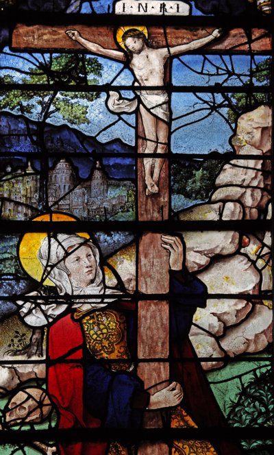 Raam w5 met afbeelding van een scène uit het leven van St. Maria Magdalena - de heilige bij het Kruis door French School