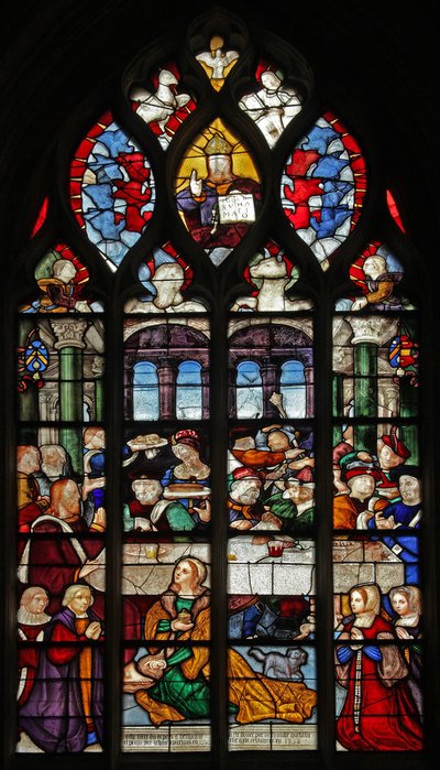 Raam met de gebeurtenissen in Simons huis: Maria Magdalena wast de voeten van Christus door French School