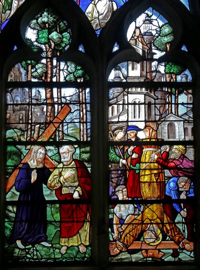 Raam w6 met St. Petrus ontmoet Christus buiten Rome: Quo Vadis?; de kruisiging van St. Petrus door French School