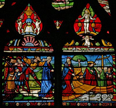 Raam w6 met een scène uit het leven van St. Maria Magdalena - ze gaat aan boord van een boot door French School