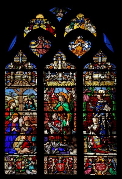 Raam w6 met afbeelding van de Geboorte met herders; schenkers Gaspard de Coligny en vrouw en patroonheiligen door French School