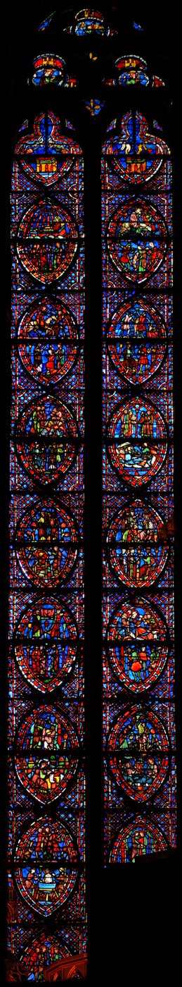 Raam w7 de Geschiedenis van St. Johannes Evangelist (L) en de Kindertijd van Christus (R) door French School
