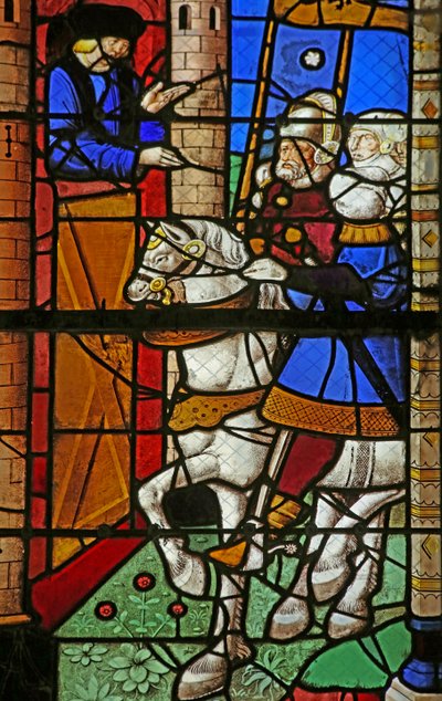 Raam w8 met St. Augustinus bezoekt de graaf van Afrika, Bonifatius, om het volk van Hippo te beschermen tegen de Vandalen door French School