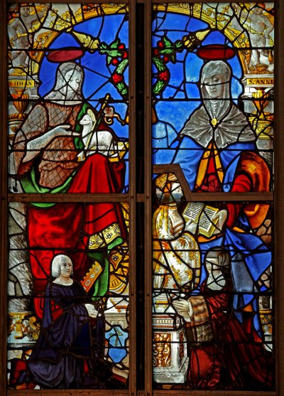 Raam w8 met afbeelding van schenkers met St. Johannes de Doper; ook St. Anna die de Maagd Maria leert lezen door French School