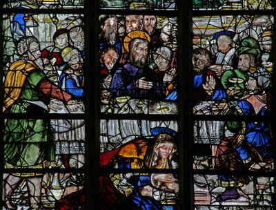 Raam w9 met de gebeurtenissen in Simons huis: Maria Magdalena wast de voeten van Christus door French School