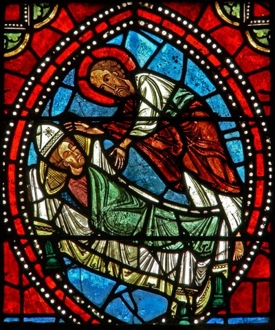 Raam wXX met St. Paulus die in een droom aan St. Ambrosius de overblijfselen van St. Gervais en St. Protais onthult door French School
