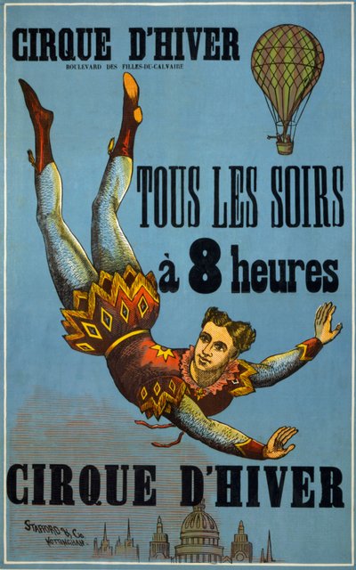 Wintercircus elke avond om 8 uur: Reclameposter gemaakt door Stafford Co en Nottingham, voor een circusshow in Cirque d